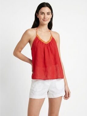 H&M Red Linen Halter Camisole with Orange Lace Trim